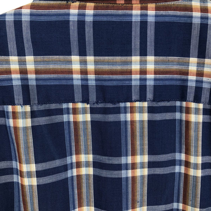 1960s-1970'S Sovereign Short-Sleeve Check Shirt, Boxy Shirt, Made in USA, Men's XXL Equivalent, Vintage polyester blue type Vintage Second Hand