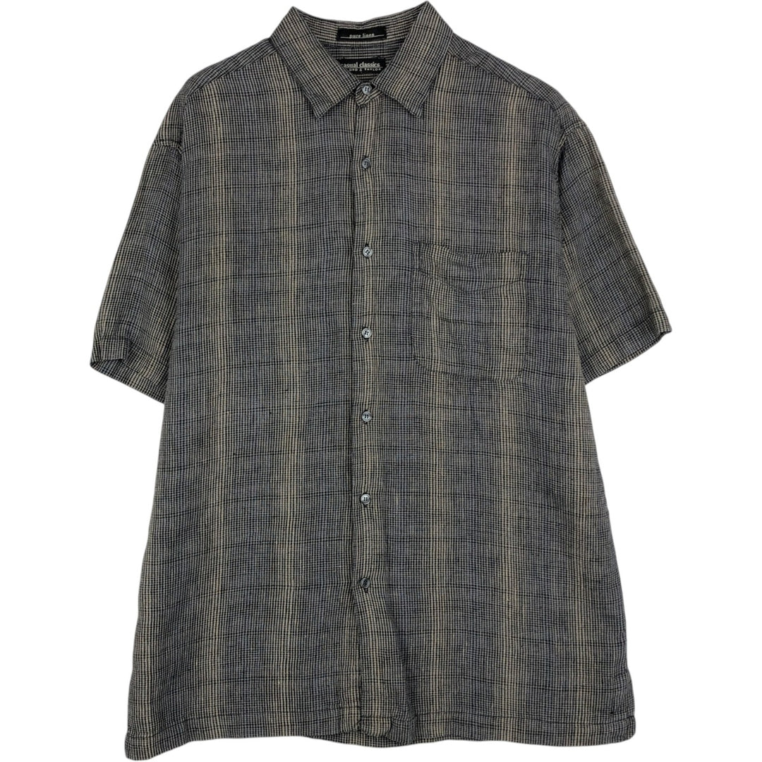 90s-00'S LORD & TAYLOR Check Pattern Short-Sleeve Linen Shirt, Boxy Shirt, Men's Size M (approx.), Vintage linen Charcoal Vintage Second Hand