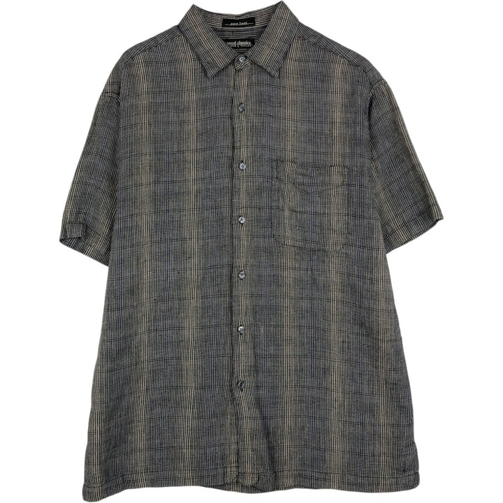 90s-00'S LORD & TAYLOR Check Pattern Short-Sleeve Linen Shirt, Boxy Shirt, Men's Size M (approx.), Vintage linen Charcoal Vintage Second Hand