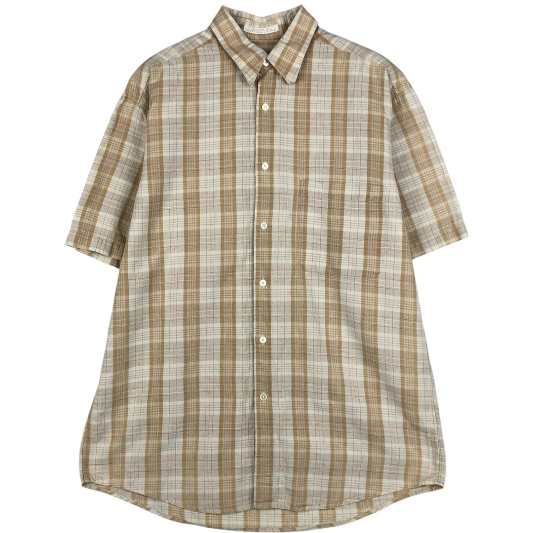 PERRY ELLIS Check Pattern Short-Sleeve Linen Shirt (Men's Size M) linen unbleached Vintage Second Hand