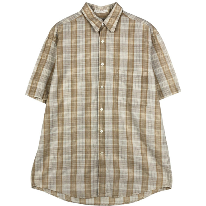 PERRY ELLIS Check Pattern Short-Sleeve Linen Shirt (Men's Size M) linen unbleached Vintage Second Hand