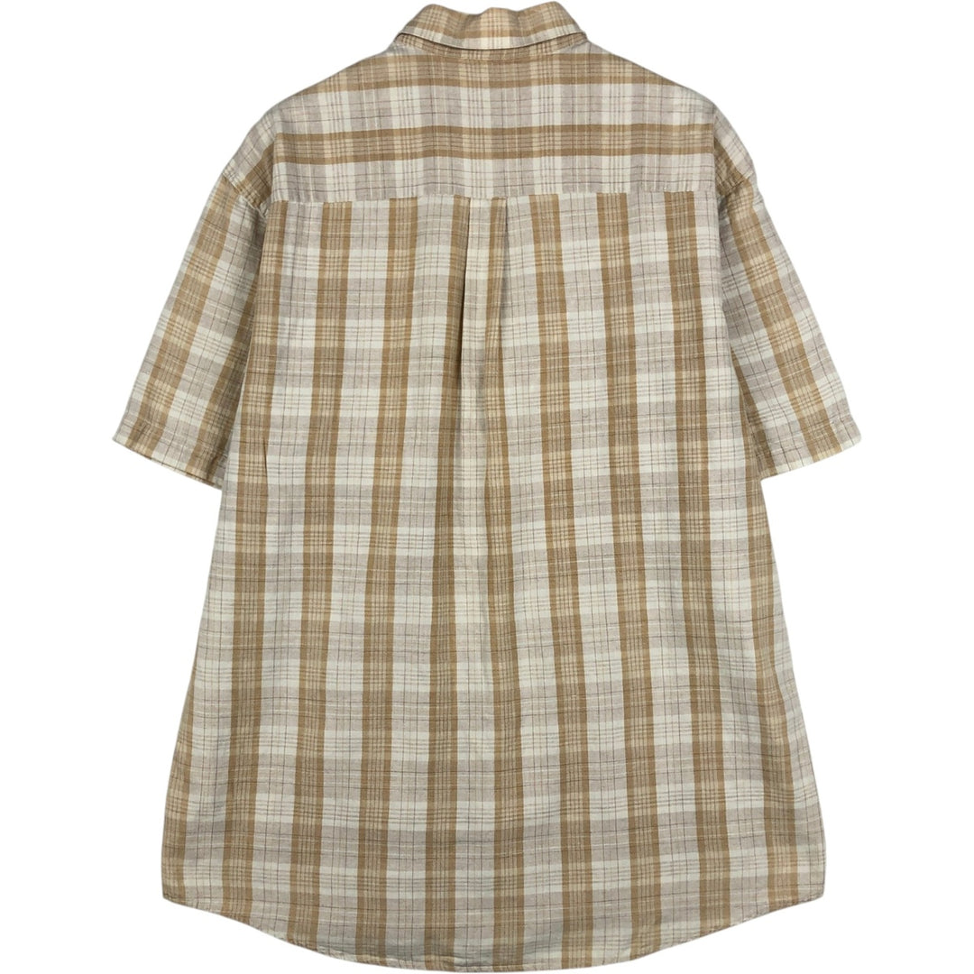 PERRY ELLIS Check Pattern Short-Sleeve Linen Shirt (Men's Size M) linen unbleached Vintage Second Hand