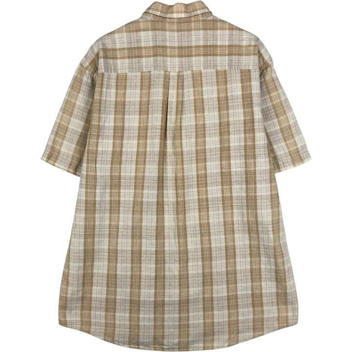 PERRY ELLIS Check Pattern Short-Sleeve Linen Shirt (Men's Size M) linen unbleached Vintage Second Hand