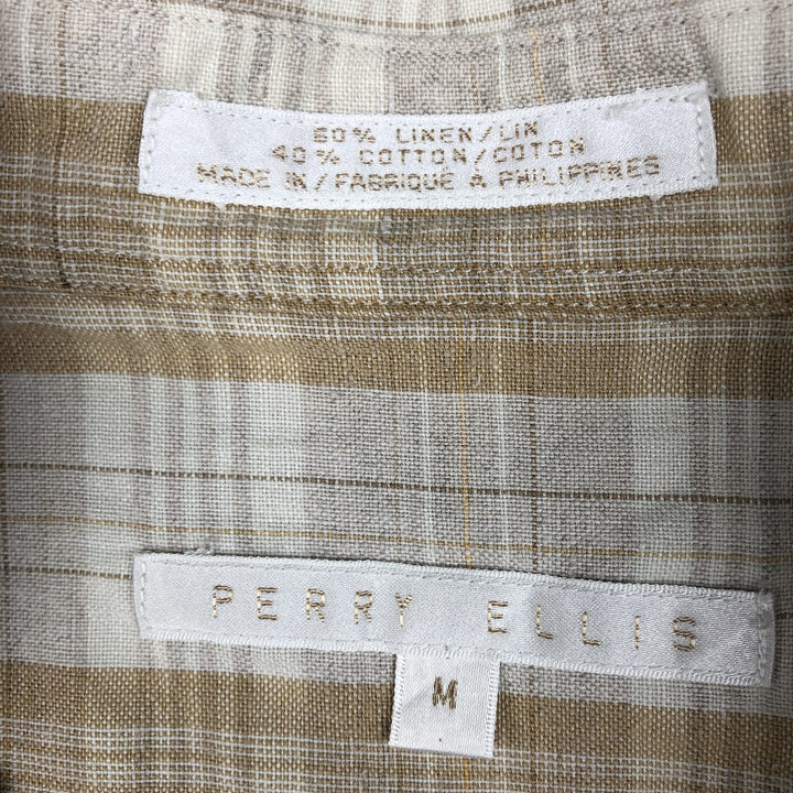 PERRY ELLIS Check Pattern Short-Sleeve Linen Shirt (Men's Size M) linen unbleached Vintage Second Hand