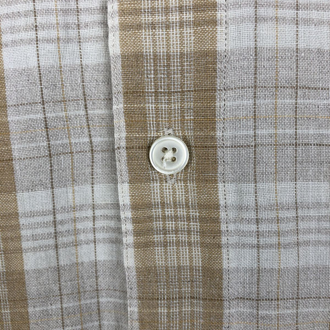 PERRY ELLIS Check Pattern Short-Sleeve Linen Shirt (Men's Size M) linen unbleached Vintage Second Hand