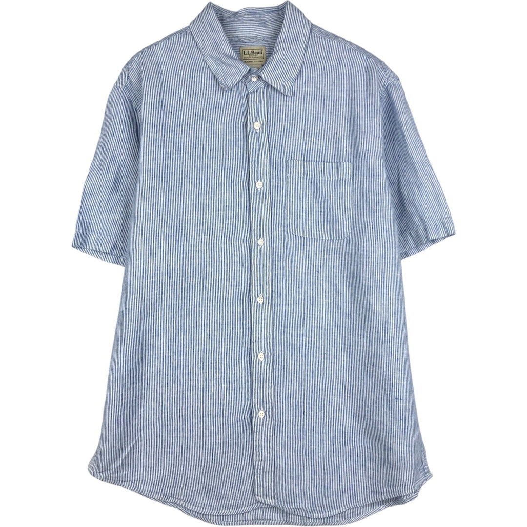 LLBean Stripe Pattern Short-Sleeve Linen Shirt (Men's Size L) linen Blue type light blue Vintage Second Hand
