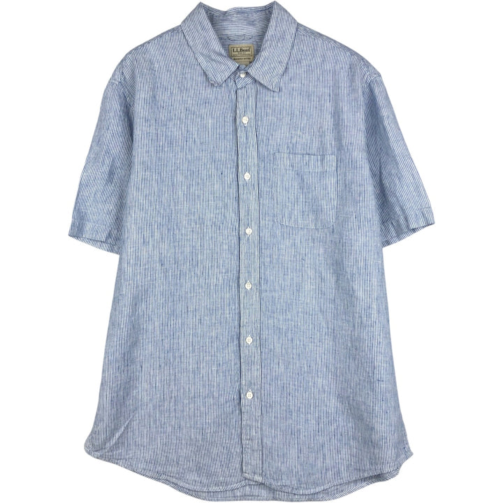 LLBean Stripe Pattern Short-Sleeve Linen Shirt (Men's Size L) linen Blue type light blue Vintage Second Hand