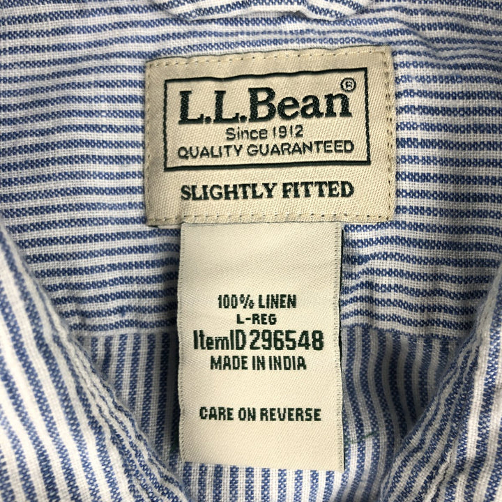 LLBean Stripe Pattern Short-Sleeve Linen Shirt (Men's Size L) linen Blue type light blue Vintage Second Hand