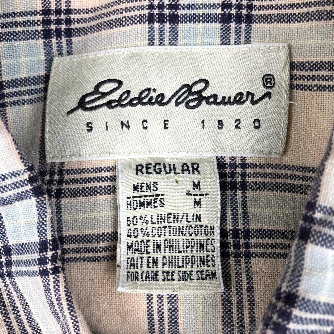 2000'S Eddie Bauer Check Pattern Short-Sleeve Linen Button-Down Shirt, Men's Size M (approx.) linen yellow type Vintage Second Hand