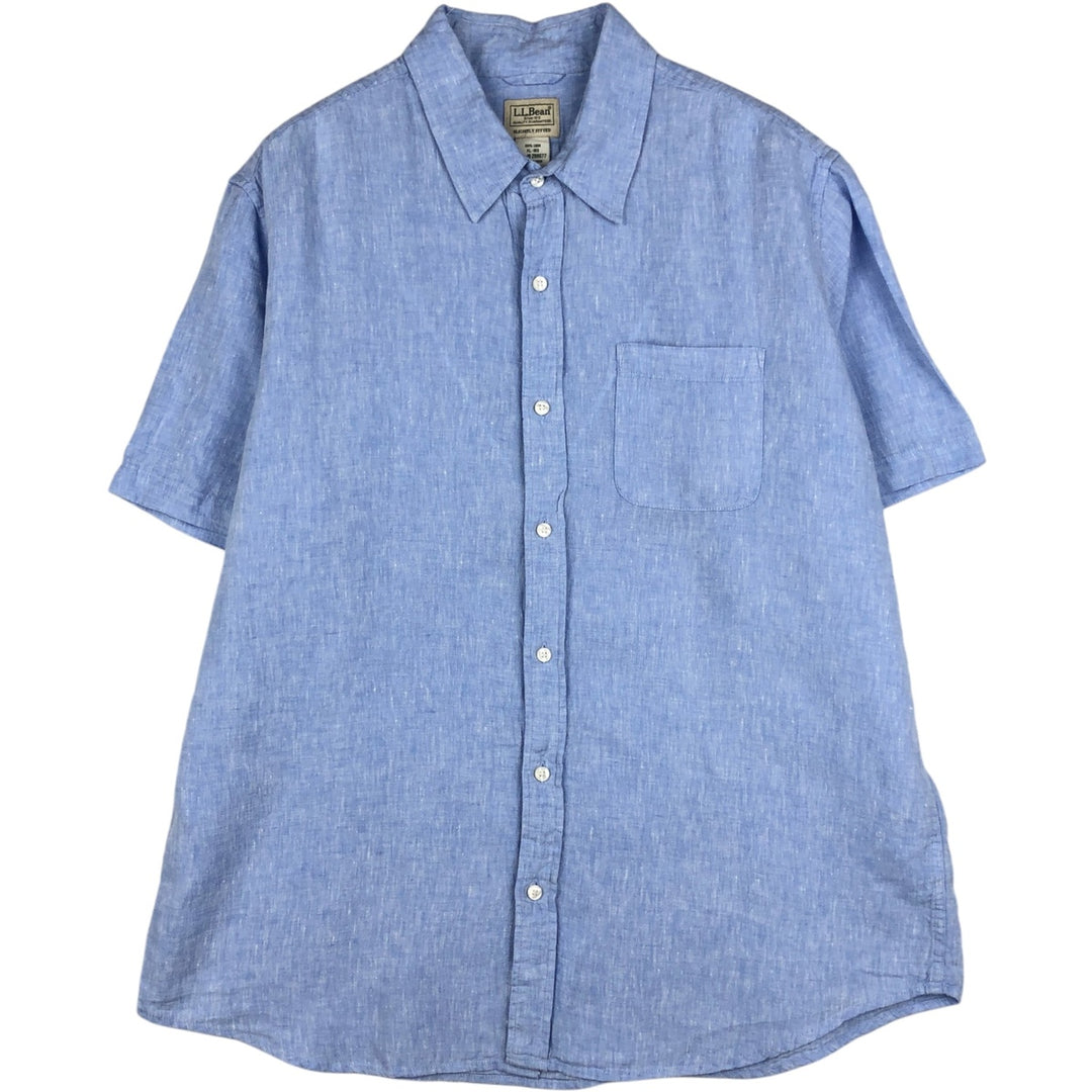 90'S LLBean Short-Sleeve Linen Shirt, Men's Size XL (Equivalent), Vintage linen Blue type light blue Vintage Second Hand