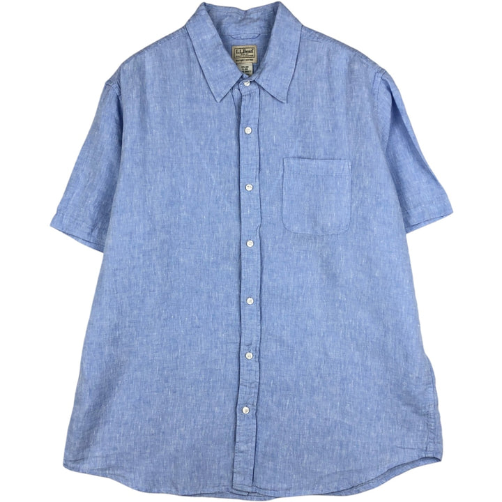 90'S LLBean Short-Sleeve Linen Shirt, Men's Size XL (Equivalent), Vintage linen Blue type light blue Vintage Second Hand