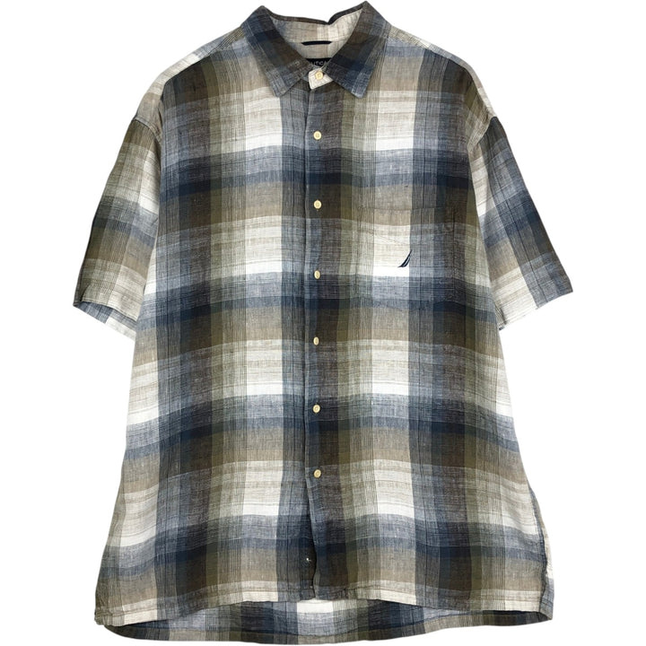 Nautica Check Pattern Ombre Check Short-Sleeve Linen Shirt Box Shirt Men's XL Equivalent linen Blue type light blue Vintage Second Hand