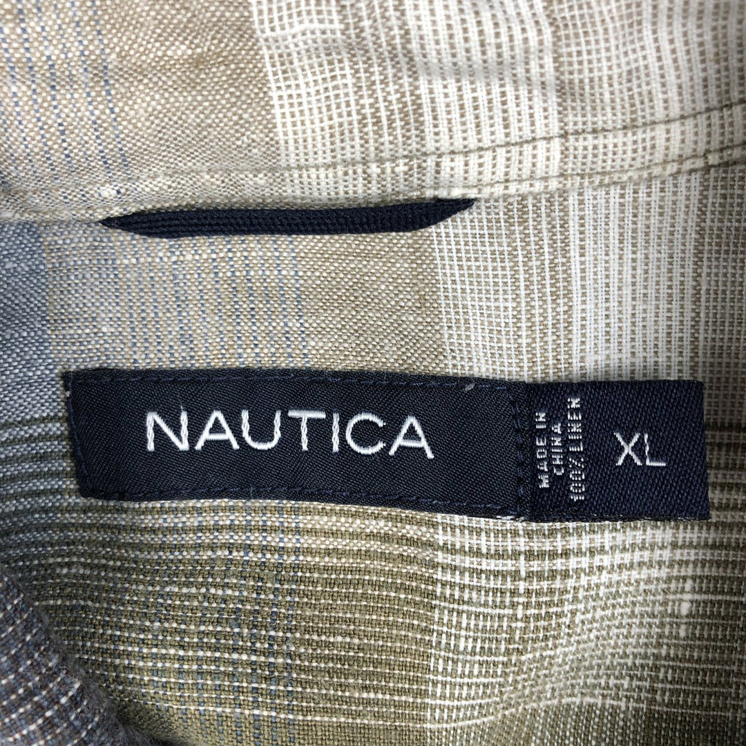 Nautica Check Pattern Ombre Check Short-Sleeve Linen Shirt Box Shirt Men's XL Equivalent linen Blue type light blue Vintage Second Hand