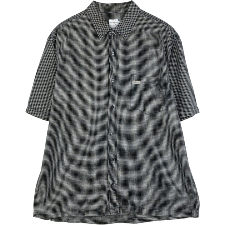 90'S Calvin Klein check pattern short-sleeved cotton x linen box shirt, men's size XL equivalent. linen navy blue type Vintage Second Hand