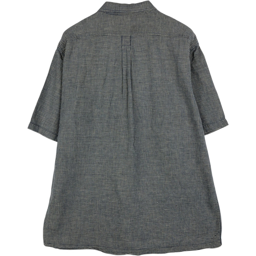 90'S Calvin Klein check pattern short-sleeved cotton x linen box shirt, men's size XL equivalent. linen navy blue type Vintage Second Hand