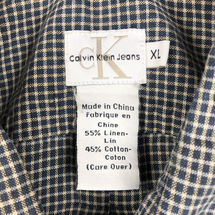 90'S Calvin Klein check pattern short-sleeved cotton x linen box shirt, men's size XL equivalent. linen navy blue type Vintage Second Hand