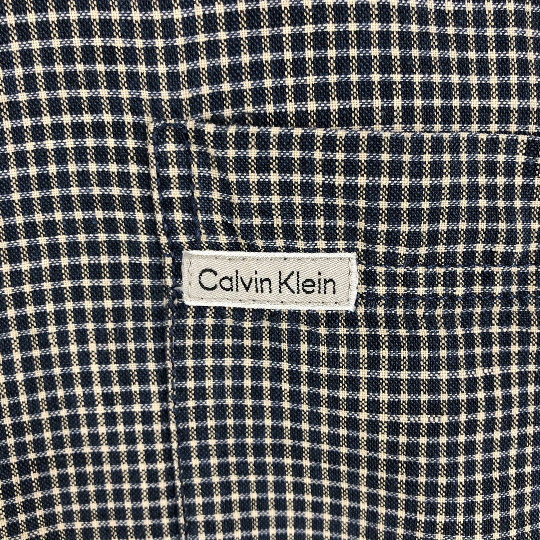 90'S Calvin Klein check pattern short-sleeved cotton x linen box shirt, men's size XL equivalent. linen navy blue type Vintage Second Hand