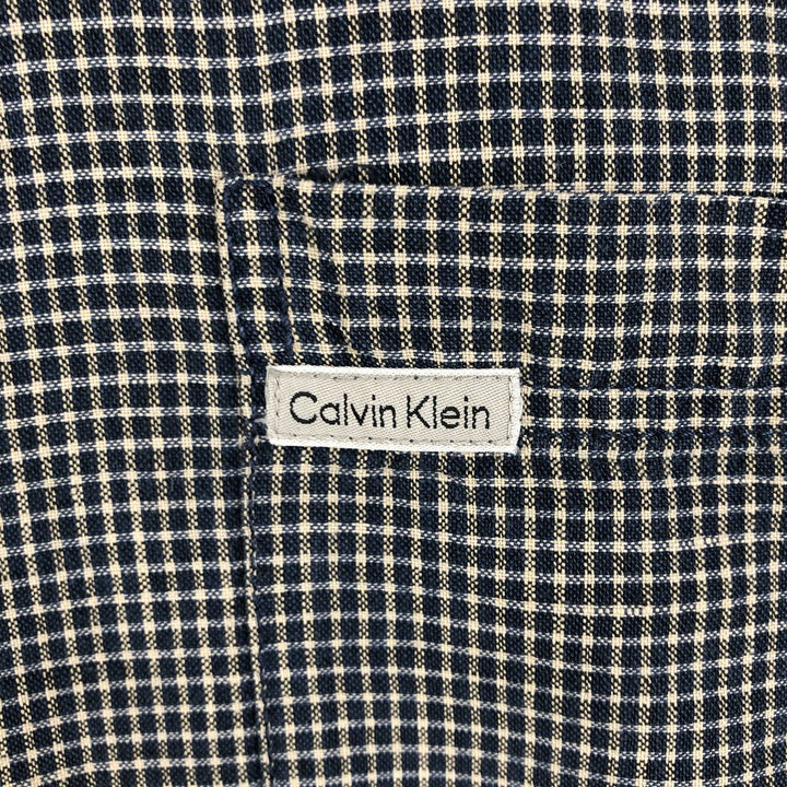 90'S Calvin Klein check pattern short-sleeved cotton x linen box shirt, men's size XL equivalent. linen navy blue type Vintage Second Hand