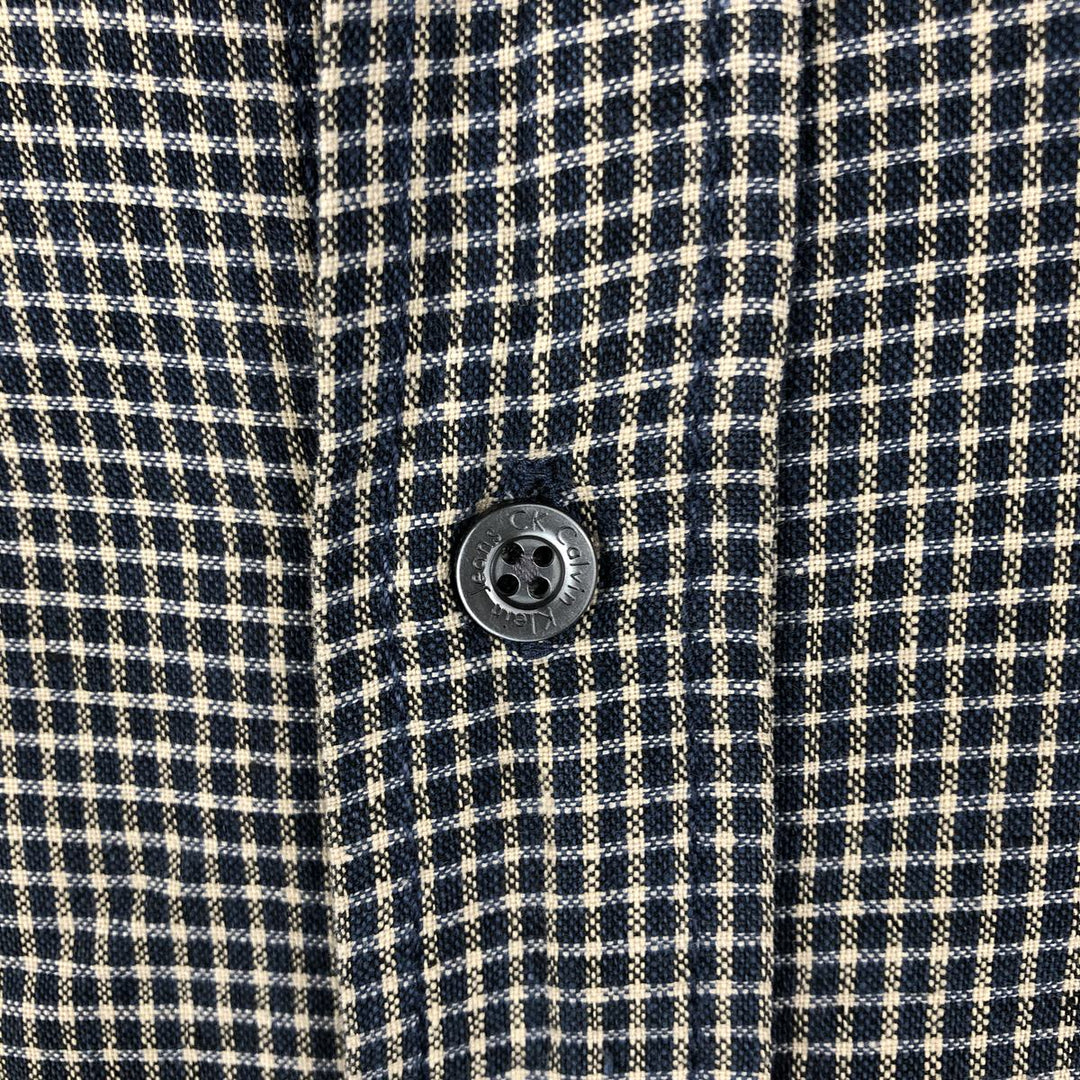 90'S Calvin Klein check pattern short-sleeved cotton x linen box shirt, men's size XL equivalent. linen navy blue type Vintage Second Hand