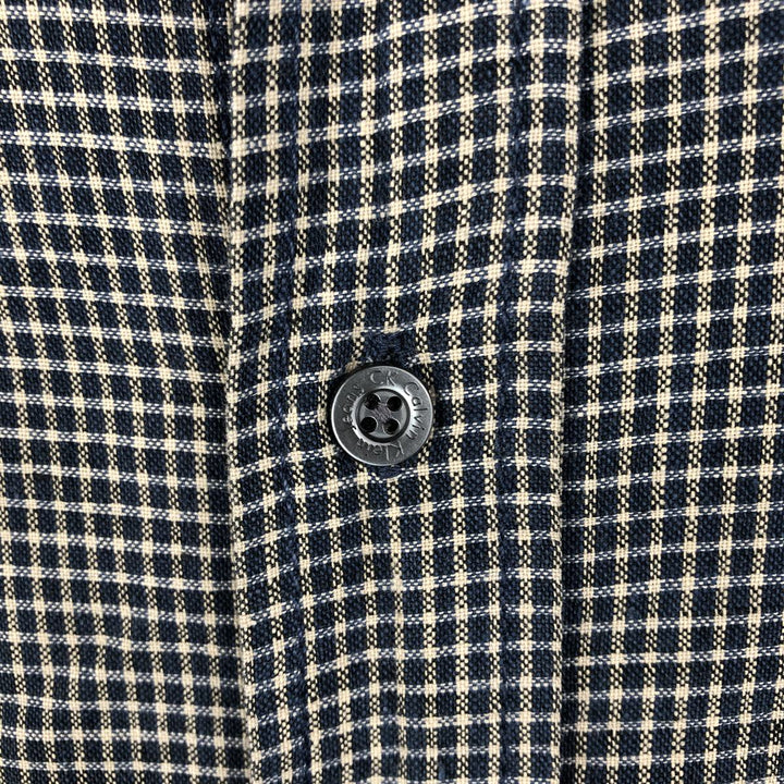 90'S Calvin Klein check pattern short-sleeved cotton x linen box shirt, men's size XL equivalent. linen navy blue type Vintage Second Hand
