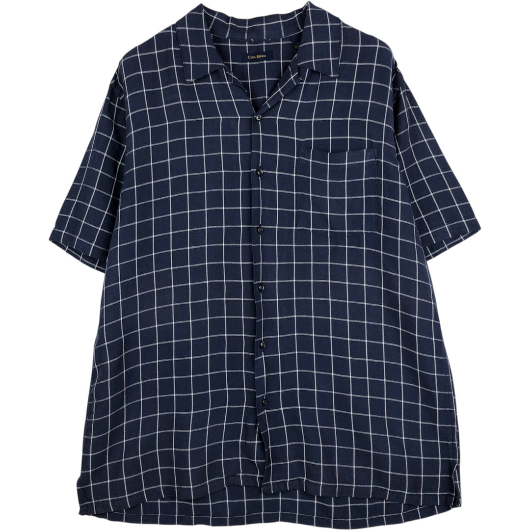 CLUB ROOM Check Pattern Short-Sleeve Open Collar Nylon x Linen Shirt, Boxy Shirt, Men's Size L (approx.) linen navy blue type Vintage Second Hand