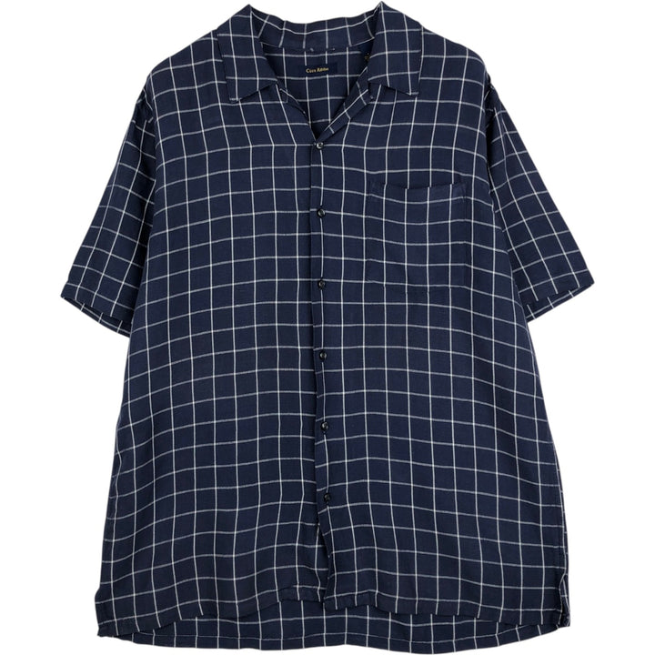 CLUB ROOM Check Pattern Short-Sleeve Open Collar Nylon x Linen Shirt, Boxy Shirt, Men's Size L (approx.) linen navy blue type Vintage Second Hand