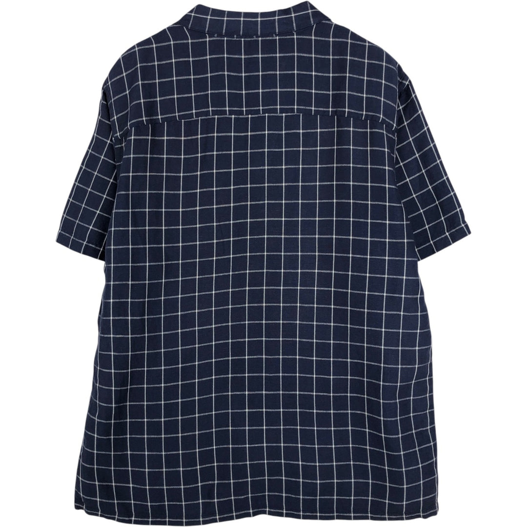 CLUB ROOM Check Pattern Short-Sleeve Open Collar Nylon x Linen Shirt, Boxy Shirt, Men's Size L (approx.) linen navy blue type Vintage Second Hand