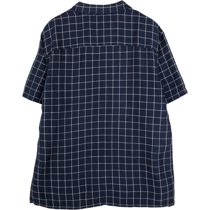 CLUB ROOM Check Pattern Short-Sleeve Open Collar Nylon x Linen Shirt, Boxy Shirt, Men's Size L (approx.) linen navy blue type Vintage Second Hand