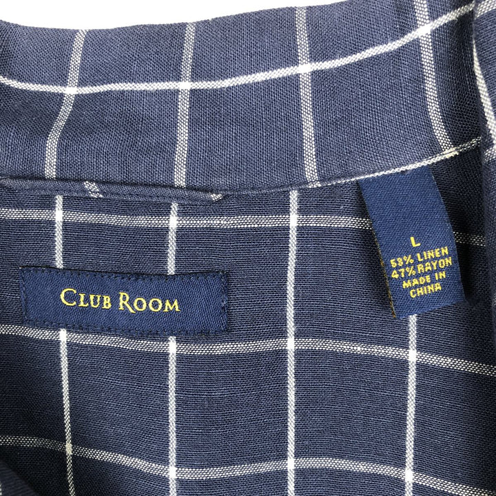 CLUB ROOM Check Pattern Short-Sleeve Open Collar Nylon x Linen Shirt, Boxy Shirt, Men's Size L (approx.) linen navy blue type Vintage Second Hand