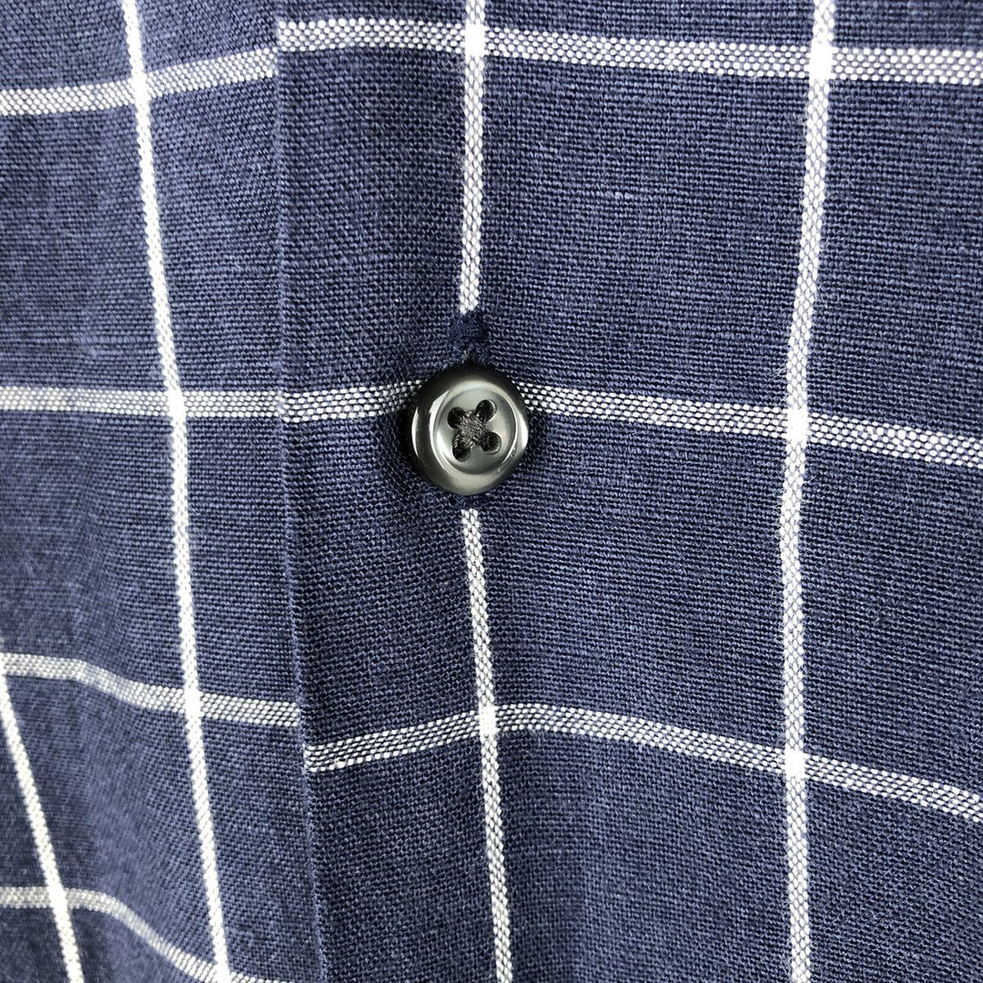 CLUB ROOM Check Pattern Short-Sleeve Open Collar Nylon x Linen Shirt, Boxy Shirt, Men's Size L (approx.) linen navy blue type Vintage Second Hand