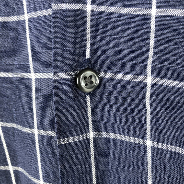 CLUB ROOM Check Pattern Short-Sleeve Open Collar Nylon x Linen Shirt, Boxy Shirt, Men's Size L (approx.) linen navy blue type Vintage Second Hand