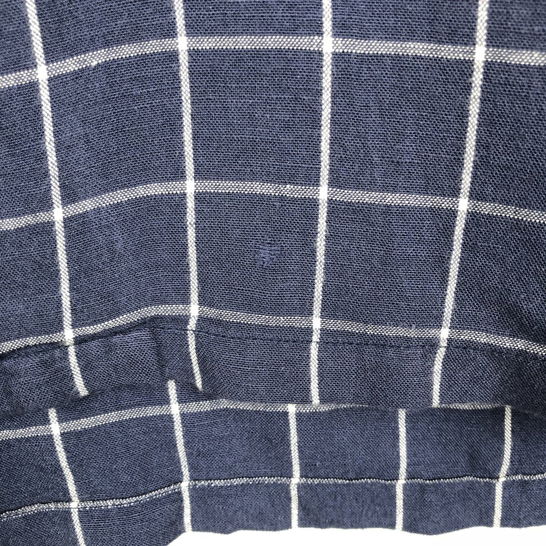 CLUB ROOM Check Pattern Short-Sleeve Open Collar Nylon x Linen Shirt, Boxy Shirt, Men's Size L (approx.) linen navy blue type Vintage Second Hand