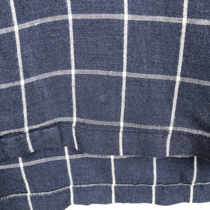 CLUB ROOM Check Pattern Short-Sleeve Open Collar Nylon x Linen Shirt, Boxy Shirt, Men's Size L (approx.) linen navy blue type Vintage Second Hand