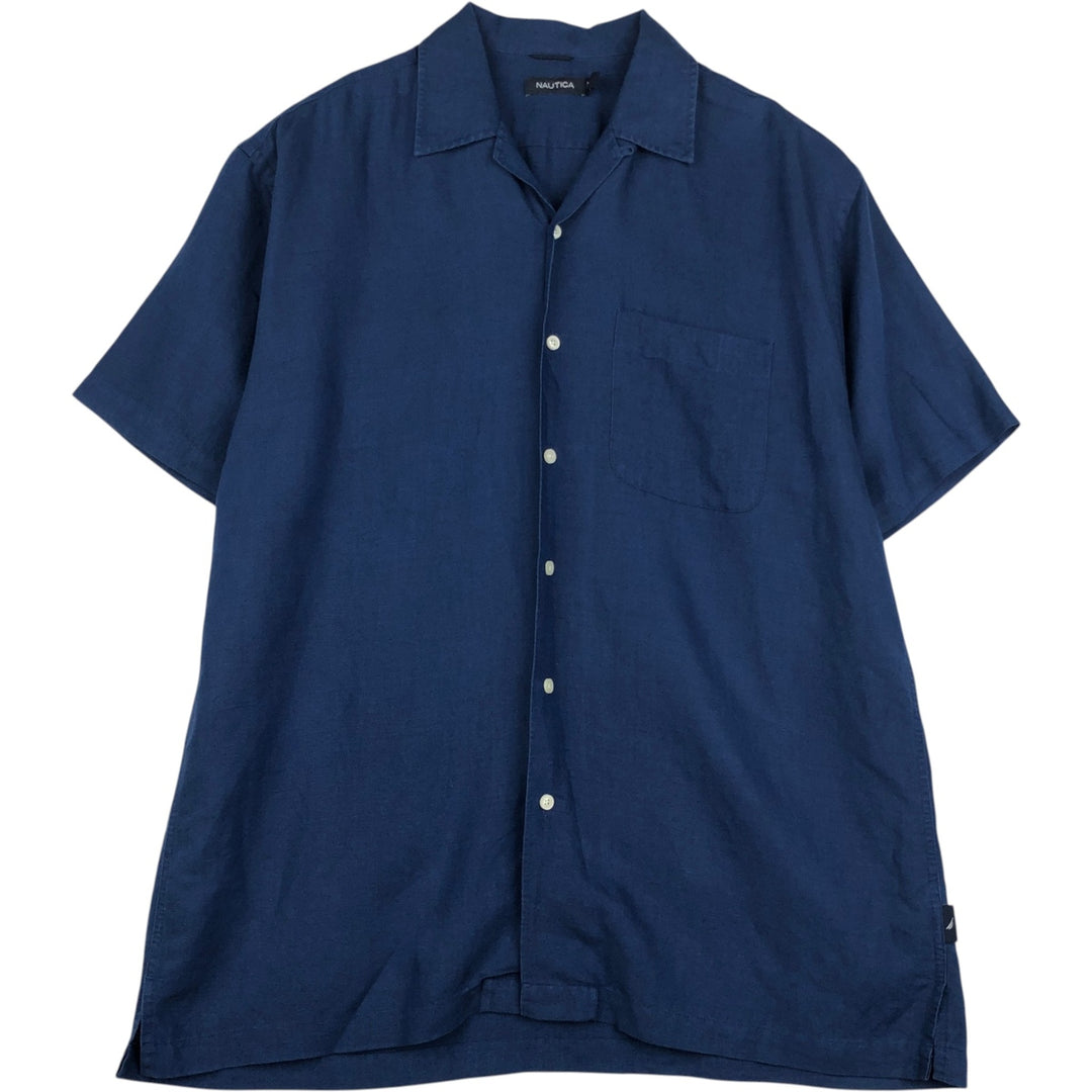 NAUTICA Short Sleeve Open Collar Rayon and Linen Box Shirt, Men's Size L linen navy blue type Vintage Second Hand