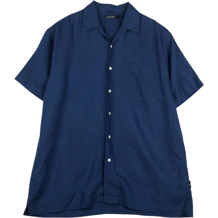 NAUTICA Short Sleeve Open Collar Rayon and Linen Box Shirt, Men's Size L linen navy blue type Vintage Second Hand