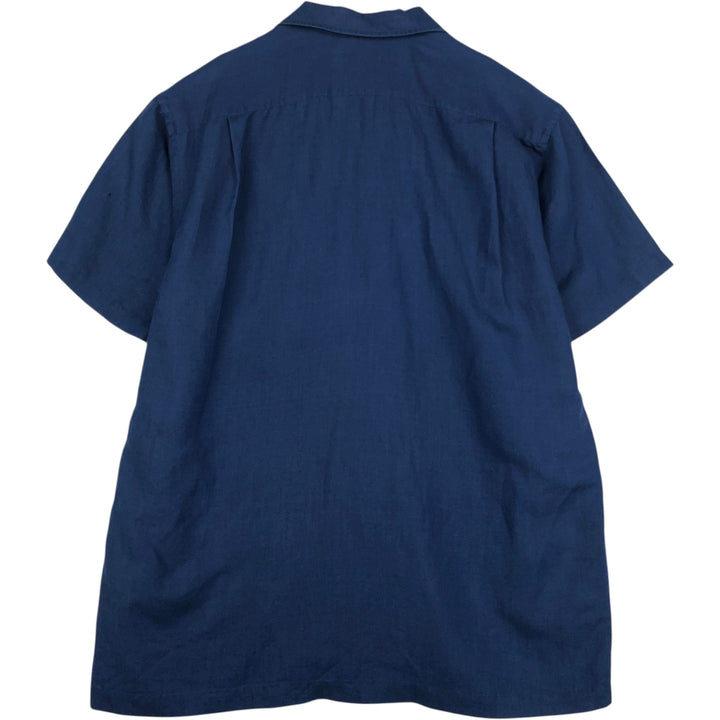 NAUTICA Short Sleeve Open Collar Rayon and Linen Box Shirt, Men's Size L linen navy blue type Vintage Second Hand