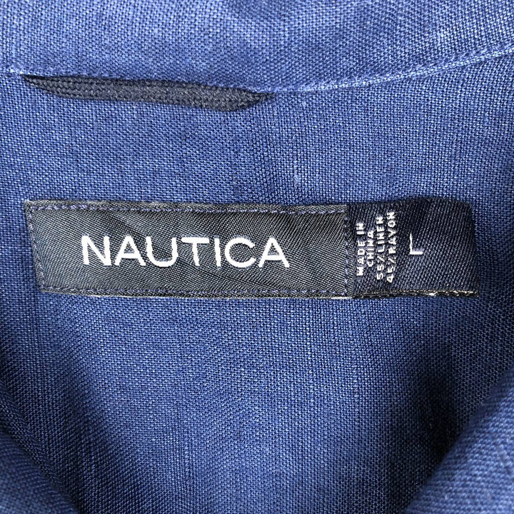 NAUTICA Short Sleeve Open Collar Rayon and Linen Box Shirt, Men's Size L linen navy blue type Vintage Second Hand