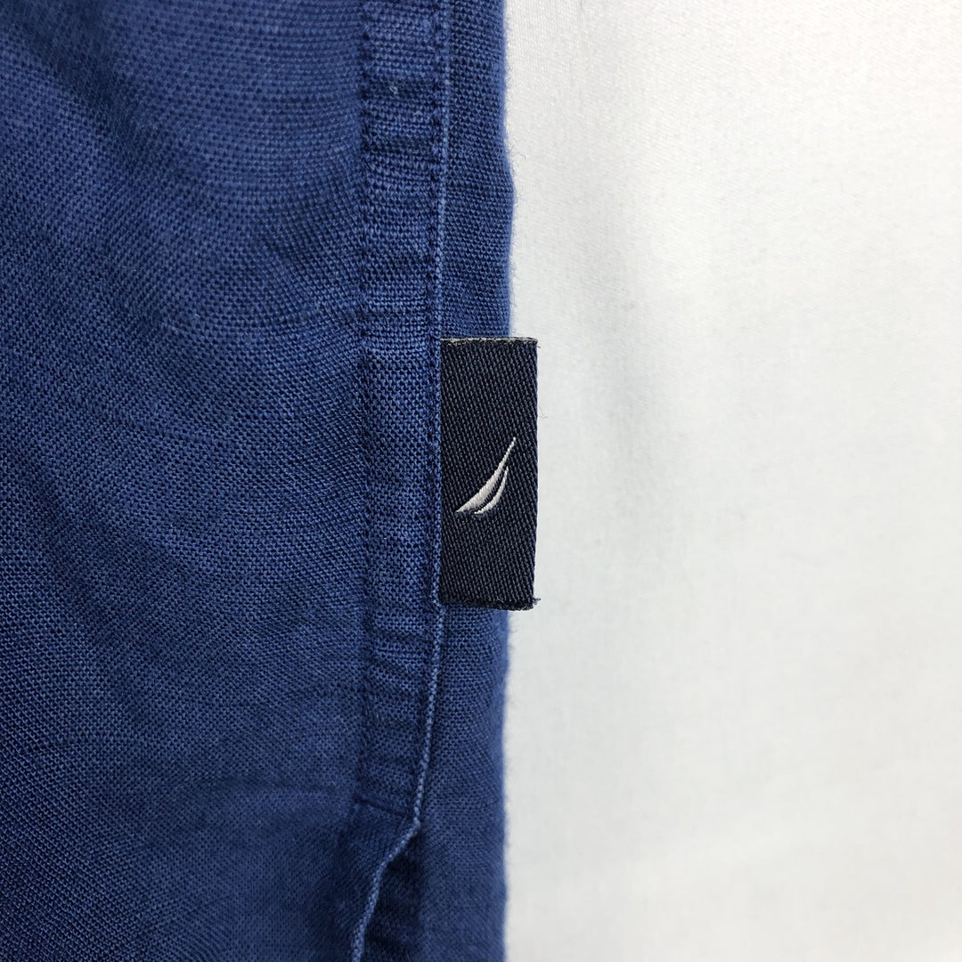 NAUTICA Short Sleeve Open Collar Rayon and Linen Box Shirt, Men's Size L linen navy blue type Vintage Second Hand