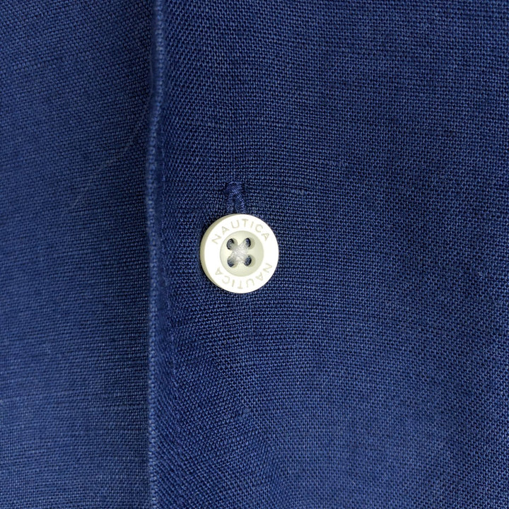 NAUTICA Short Sleeve Open Collar Rayon and Linen Box Shirt, Men's Size L linen navy blue type Vintage Second Hand