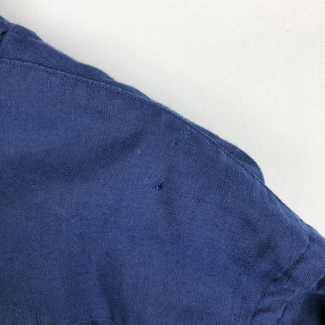 NAUTICA Short Sleeve Open Collar Rayon and Linen Box Shirt, Men's Size L linen navy blue type Vintage Second Hand