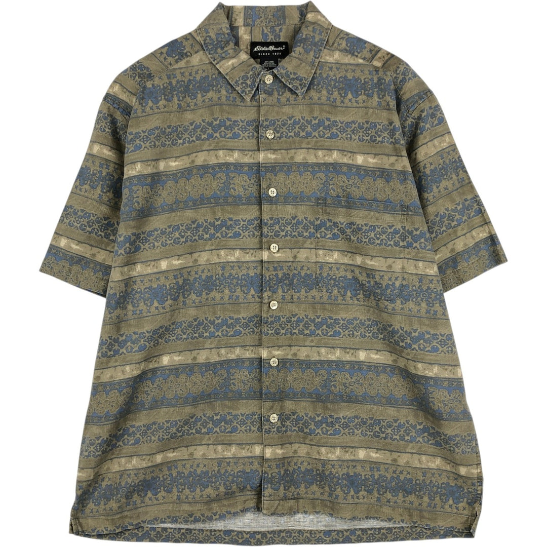 2000'S Eddie Bauer all-over print short-sleeved linen shirt, boxy fit, men's size L (approx.) linen Khaki type Vintage Second Hand