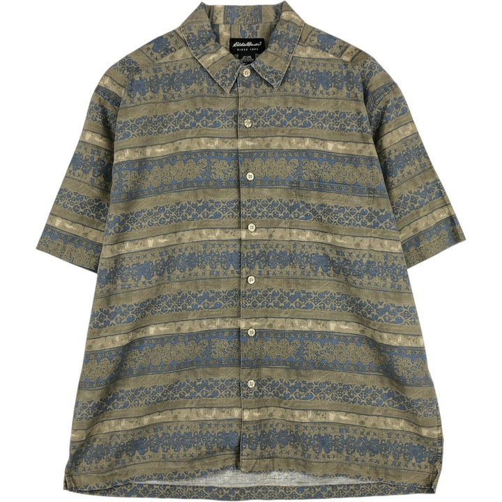 2000'S Eddie Bauer all-over print short-sleeved linen shirt, boxy fit, men's size L (approx.) linen Khaki type Vintage Second Hand