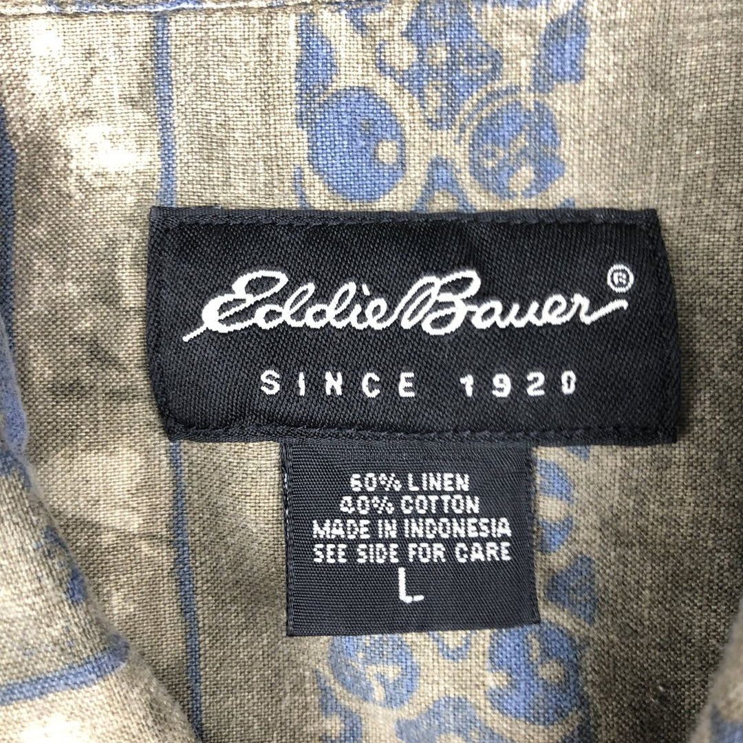 2000'S Eddie Bauer all-over print short-sleeved linen shirt, boxy fit, men's size L (approx.) linen Khaki type Vintage Second Hand