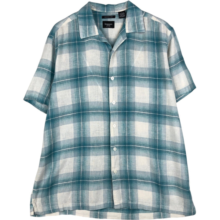 Haggar Washable Linen Check Pattern Short-Sleeve Open Collar Rayon x Linen Box Shirt (Men's Size L) linen Blue type light blue Vintage Second Hand