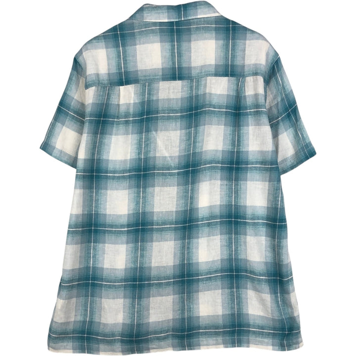 Haggar Washable Linen Check Pattern Short-Sleeve Open Collar Rayon x Linen Box Shirt (Men's Size L) linen Blue type light blue Vintage Second Hand