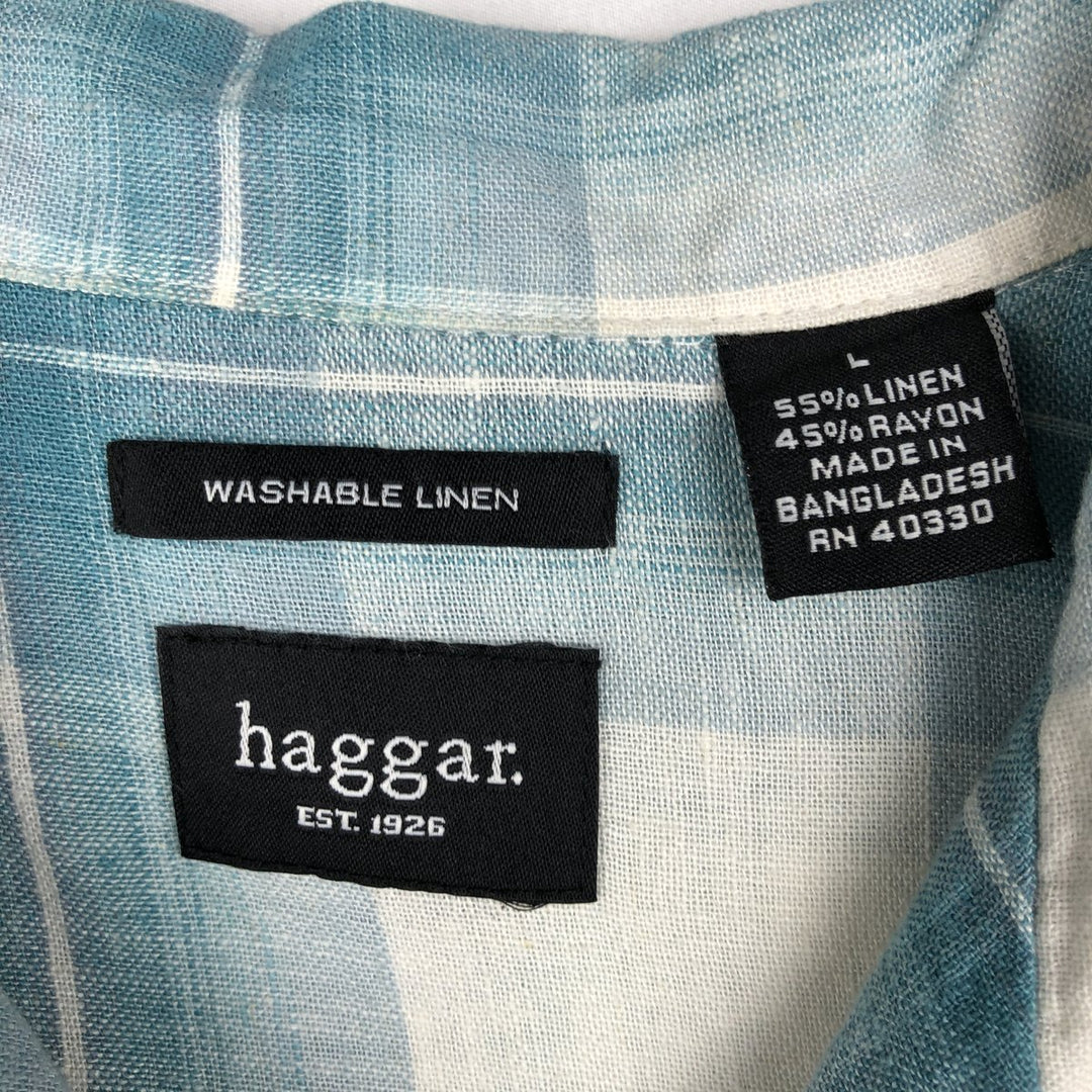 Haggar Washable Linen Check Pattern Short-Sleeve Open Collar Rayon x Linen Box Shirt (Men's Size L) linen Blue type light blue Vintage Second Hand