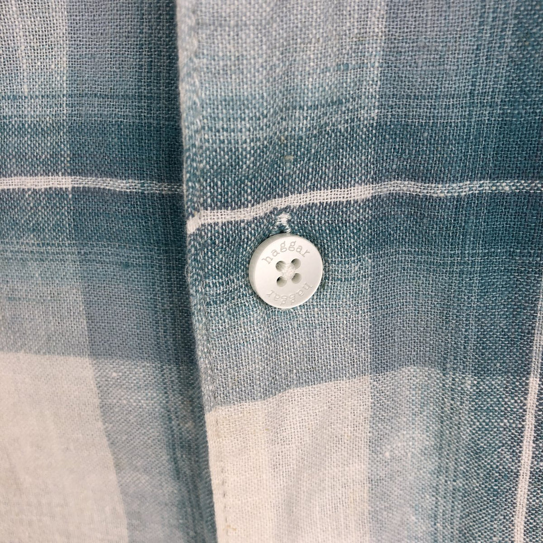 Haggar Washable Linen Check Pattern Short-Sleeve Open Collar Rayon x Linen Box Shirt (Men's Size L) linen Blue type light blue Vintage Second Hand