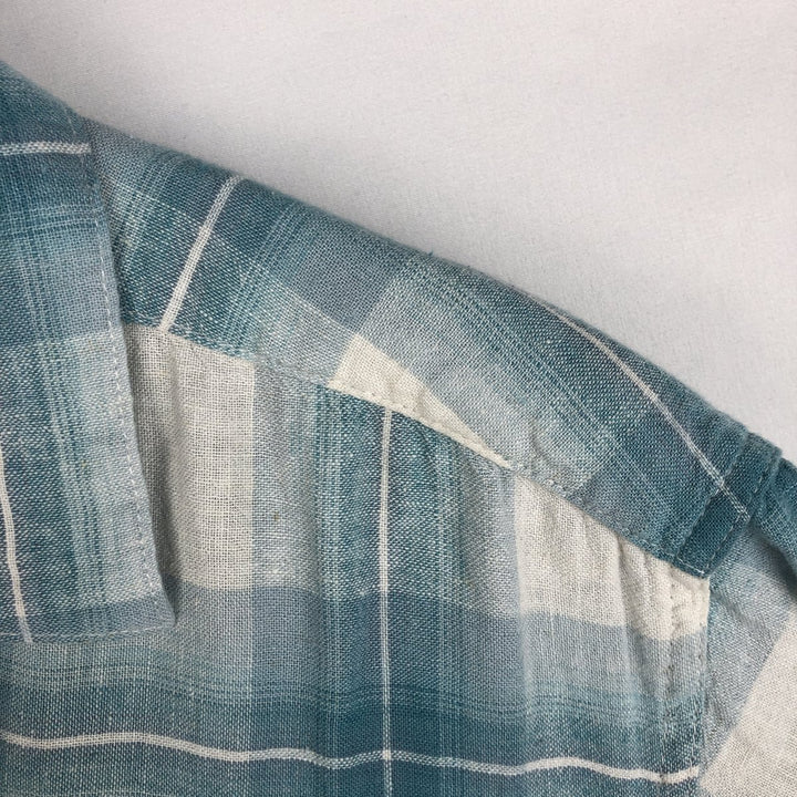 Haggar Washable Linen Check Pattern Short-Sleeve Open Collar Rayon x Linen Box Shirt (Men's Size L) linen Blue type light blue Vintage Second Hand