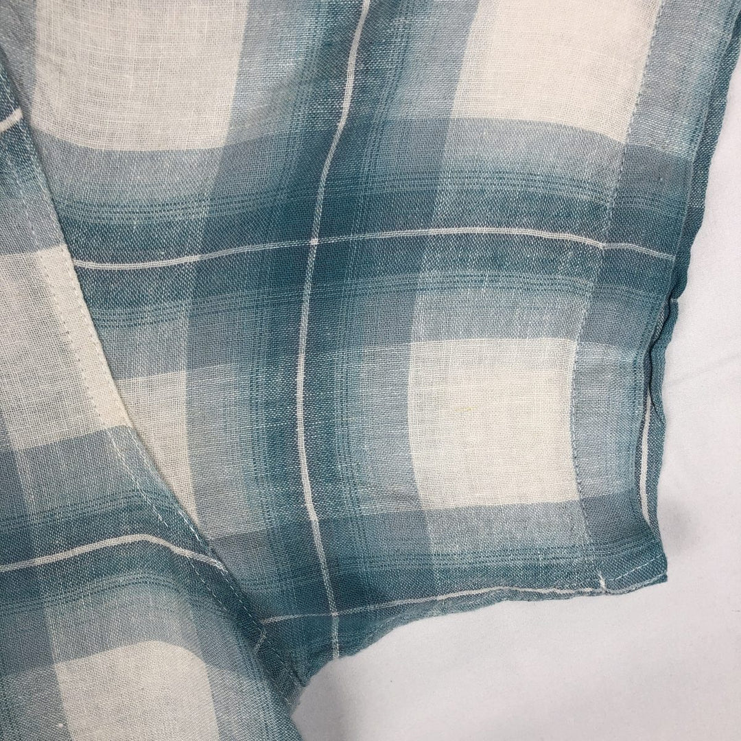 Haggar Washable Linen Check Pattern Short-Sleeve Open Collar Rayon x Linen Box Shirt (Men's Size L) linen Blue type light blue Vintage Second Hand