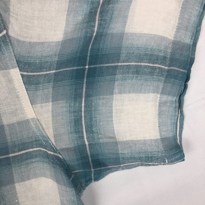 Haggar Washable Linen Check Pattern Short-Sleeve Open Collar Rayon x Linen Box Shirt (Men's Size L) linen Blue type light blue Vintage Second Hand